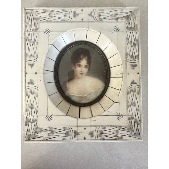 Antique 1800s hand painted Madame Recamier portrait porcelain in ivory frame